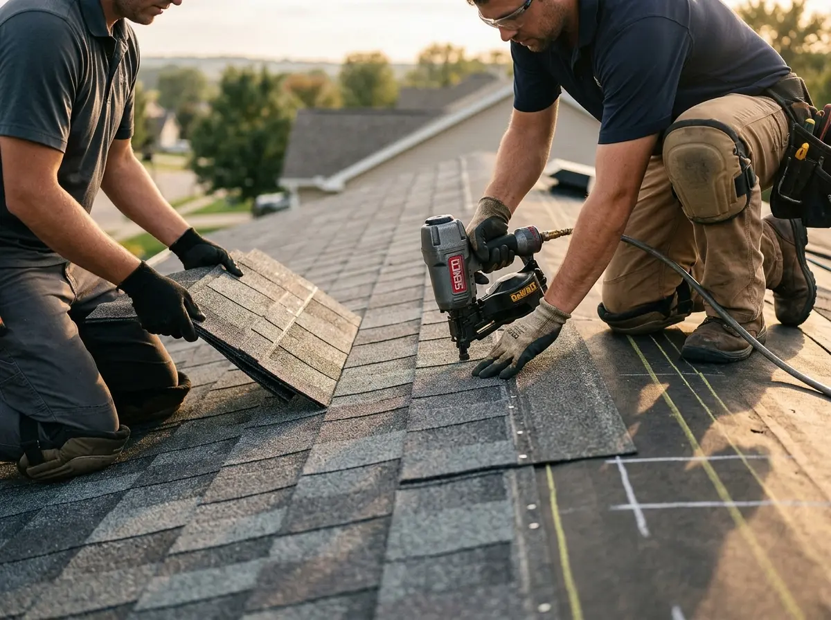 Professional roofer working on a residential roof in Kennett Square